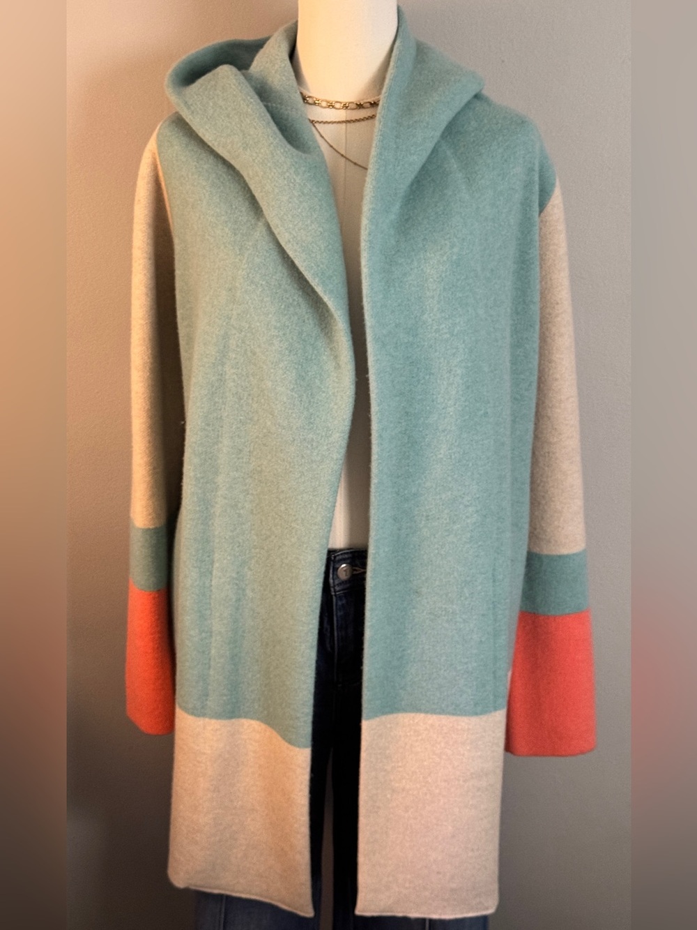 Anthropologie Mint, Coral & Cream Hooded Colorblock Longline Cardigan
